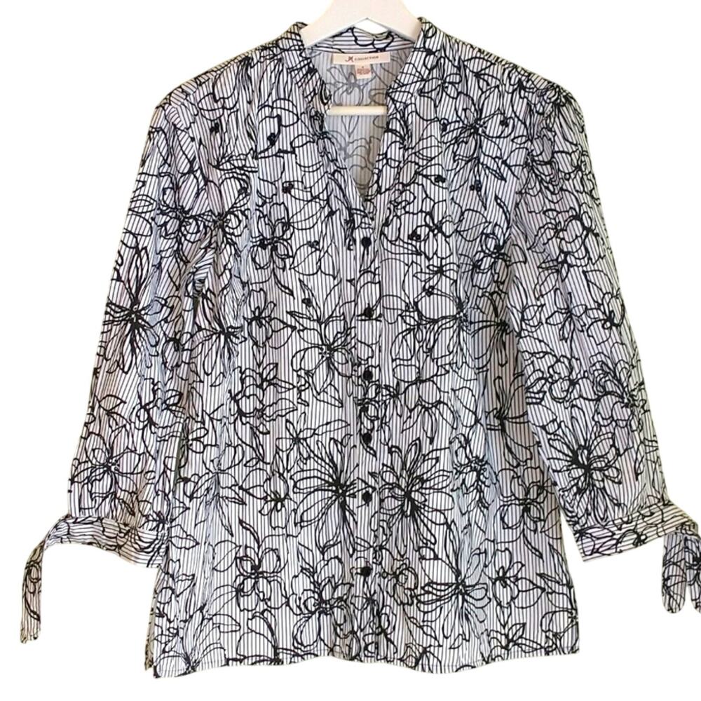 JM Collection Button Up Blouse Wms Size 8 Black White Floral Sequin 3/4 Sleeve